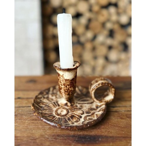 Ceramic candlestick with a brown-beige handle with a floral ornament 17904-yekeramika photo