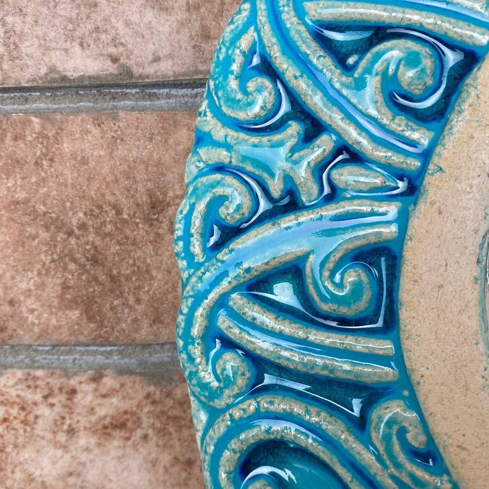 Ceramic round hanging mirror blue-green color with ornament Diameter 25 cm 11835-yekeramika photo