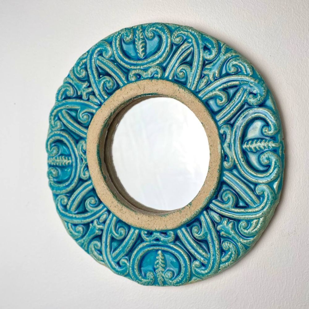 Ceramic round hanging mirror blue-green color with ornament Diameter 25 cm 11835-yekeramika photo