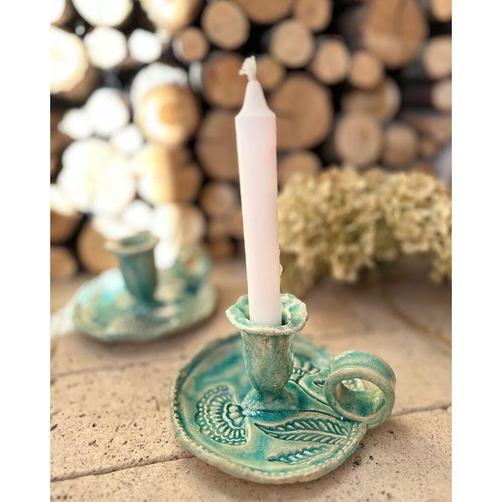 Ceramic candlestick with a soft turquoise crackle handle with a floral pattern 17907-yekeramika photo