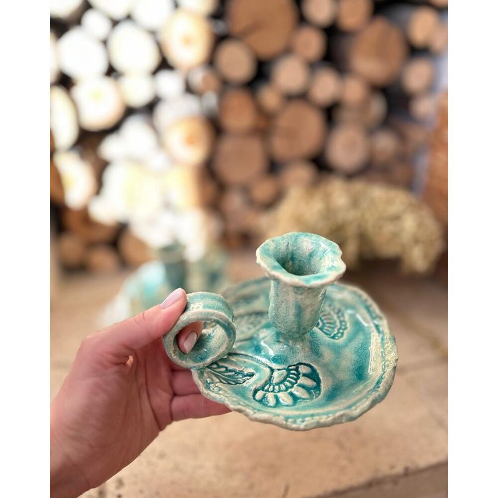 Ceramic candlestick with a soft turquoise crackle handle with a floral pattern 17907-yekeramika photo