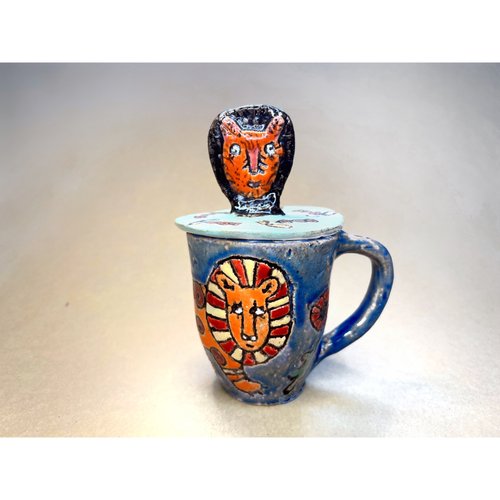 Чашка з кришкою Два леви в стилі Приймаченко, KAPSI, кераміка, ручна робота 13252-kapsi фото