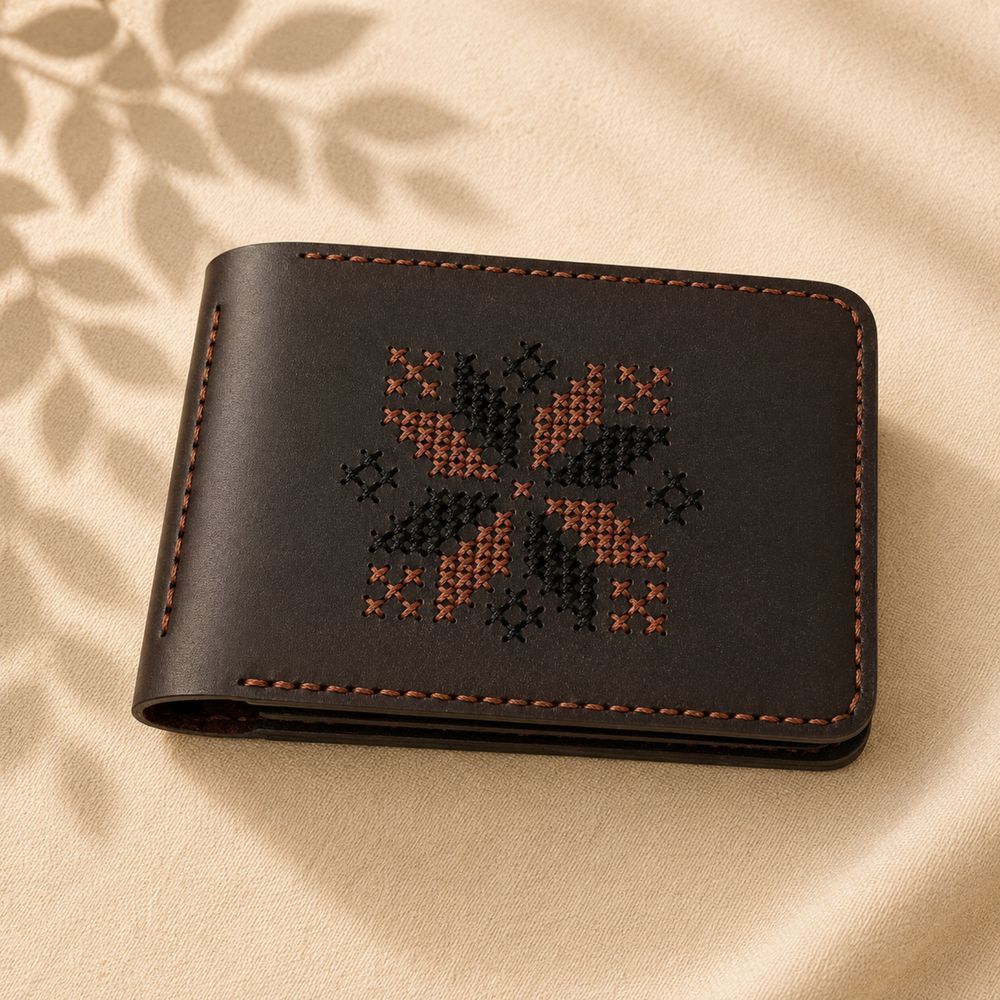 Шкіряний гаманець з затискачем для купюр з вишивкою коричневий SL leather 23955-sl-leather фото