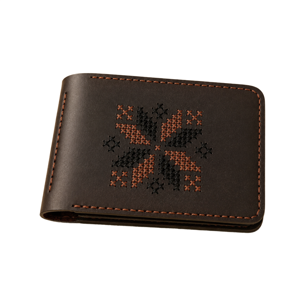 Шкіряний гаманець з затискачем для купюр з вишивкою коричневий SL leather 23955-sl-leather фото