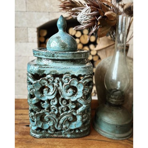 Rectangular openwork candle holder of blue-gray color with an ornament 11895-yekeramika photo
