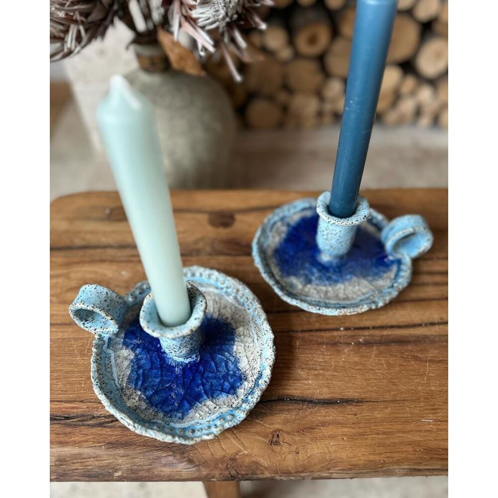 Ceramic candlestick with a light handle with a blue center and a blue border 17915-yekeramika photo