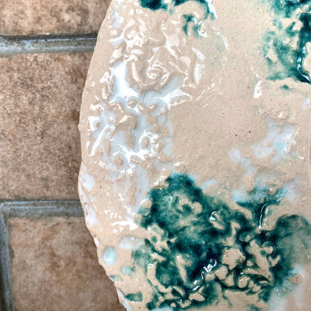 Ceramic round hanging mirror beige-blue color with ornament Diameter 25 cm 11844-yekeramika photo