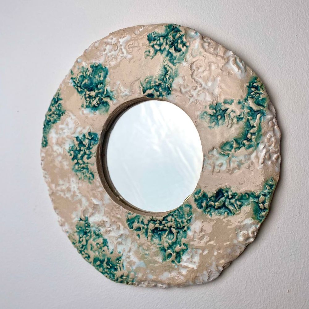 Ceramic round hanging mirror beige-blue color with ornament Diameter 25 cm 11844-yekeramika photo