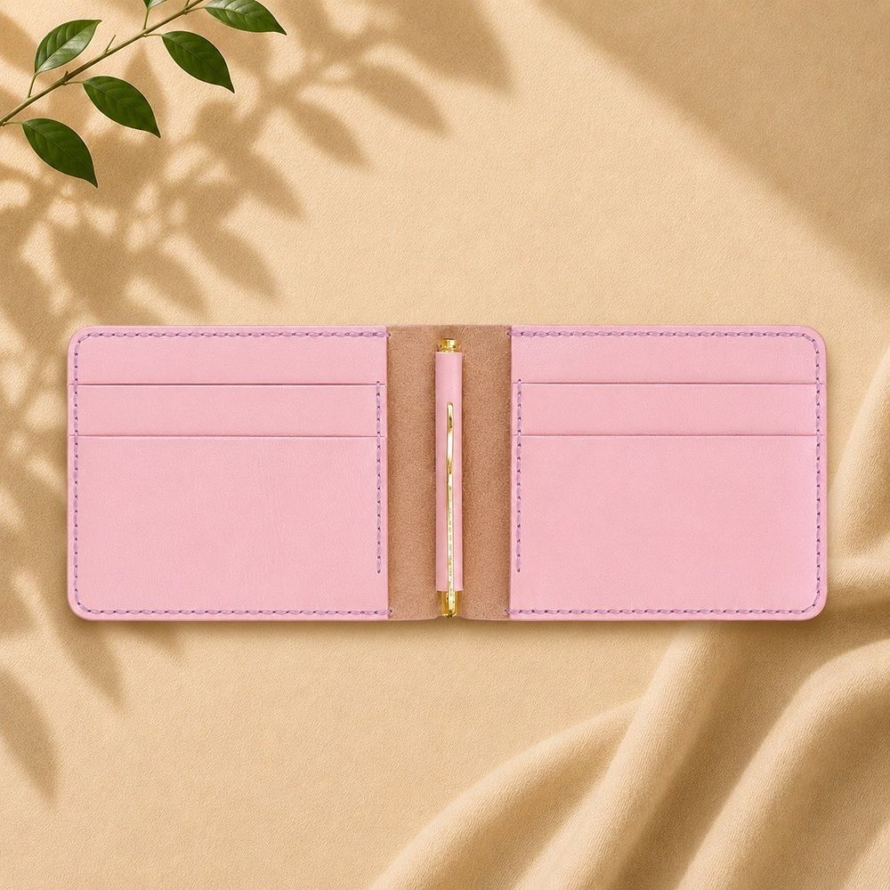 Leather wallet with bill clip with embroidery and rhinestones pink SL leather 23957-sl-leather photo
