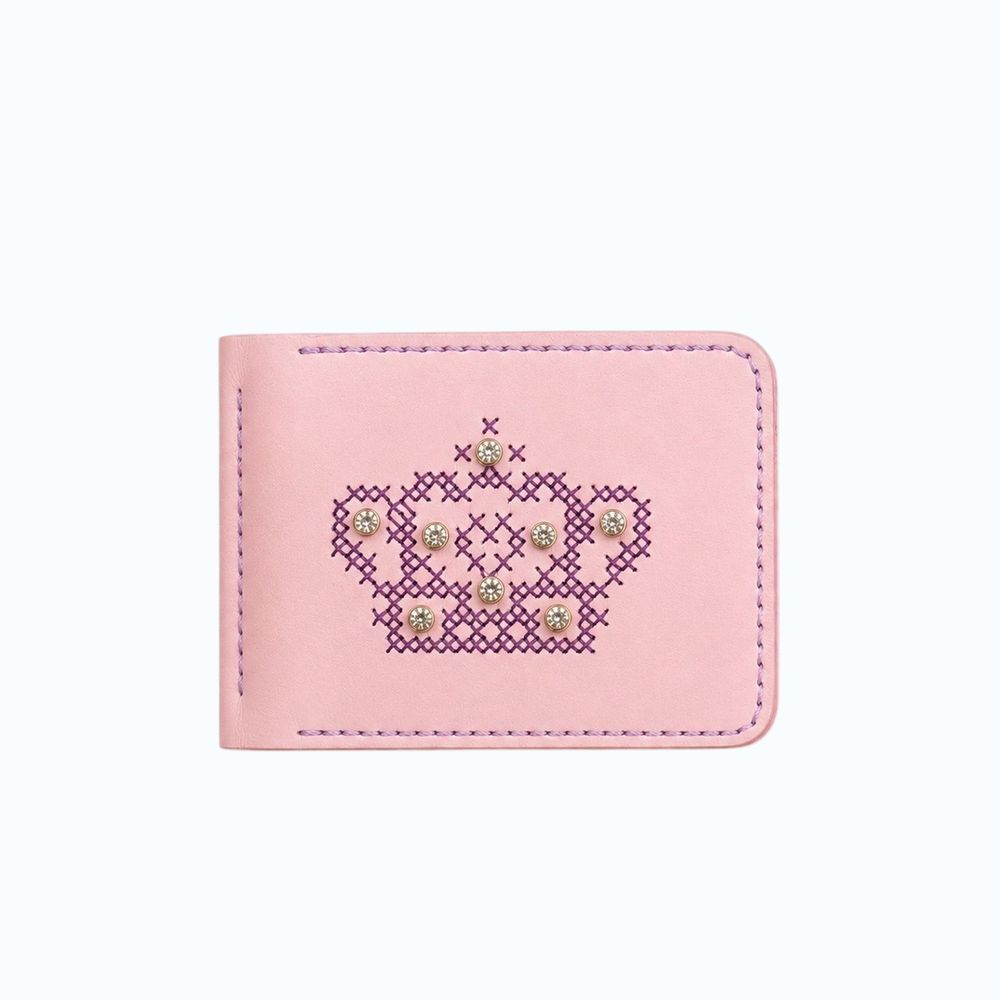 Leather wallet with bill clip with embroidery and rhinestones pink SL leather 23957-sl-leather photo