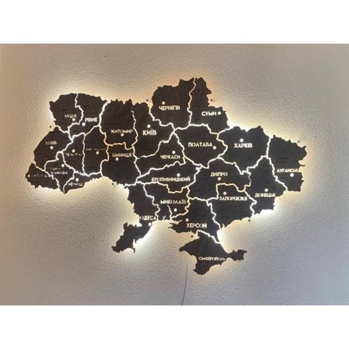 Дерев'яна мапа України на стіну, колір палітра 7, 90х60 см, з підсвіткою, в картонній коробці 10073-palette7-90x60-factura фото
