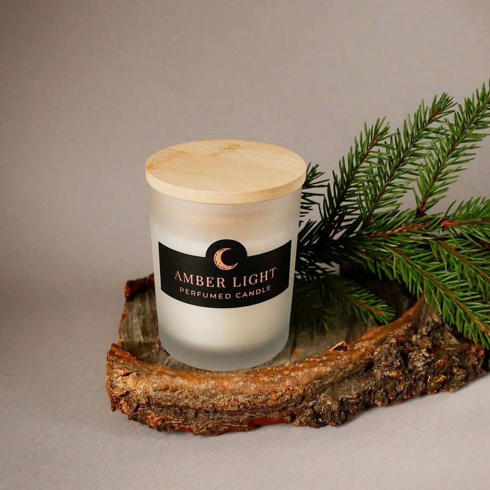 Scented Candle Herbalcraft "Amber Light" in White Frosted Glass with Wooden Lid Herbalcraft 14293-herbalcraft photo