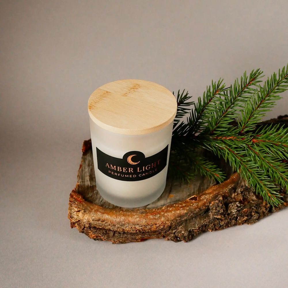 Scented Candle Herbalcraft "Amber Light" in White Frosted Glass with Wooden Lid Herbalcraft 14293-herbalcraft photo