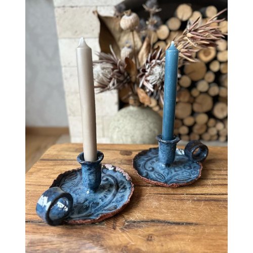 Ceramic candlestick with denim-blue handle with floral ornament 17919-yekeramika photo