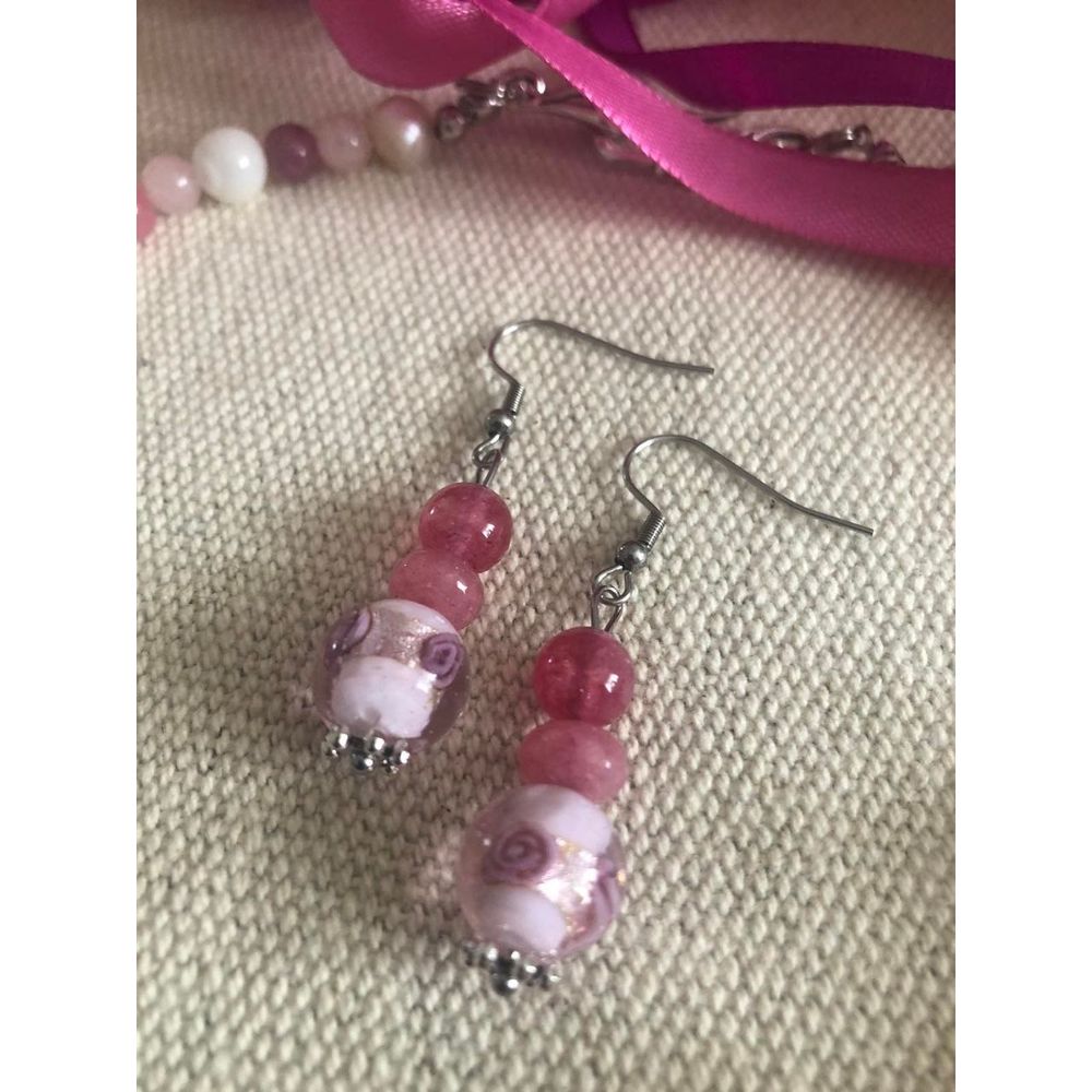Set "Apple blossom" necklace and earrings set (rose quartz, pearls) 12667-korali photo