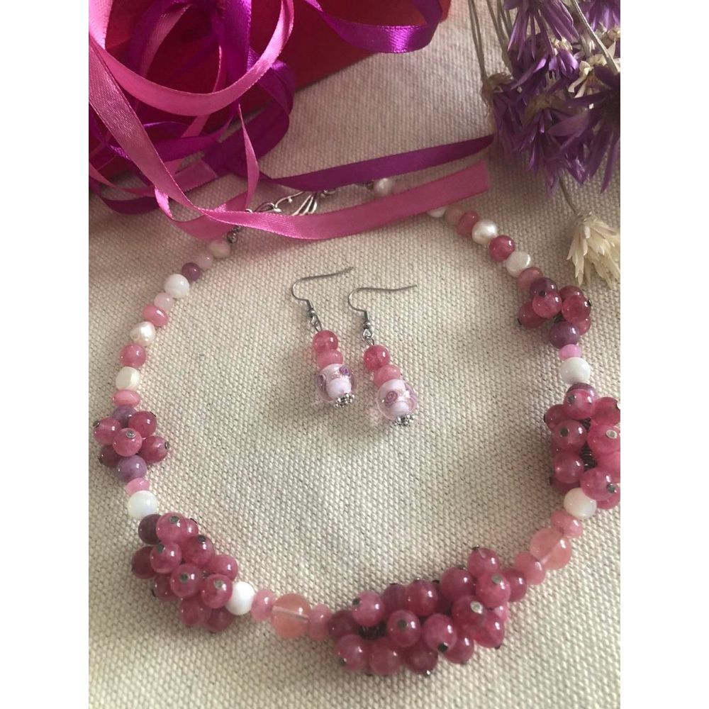 Set "Apple blossom" necklace and earrings set (rose quartz, pearls) 12667-korali photo
