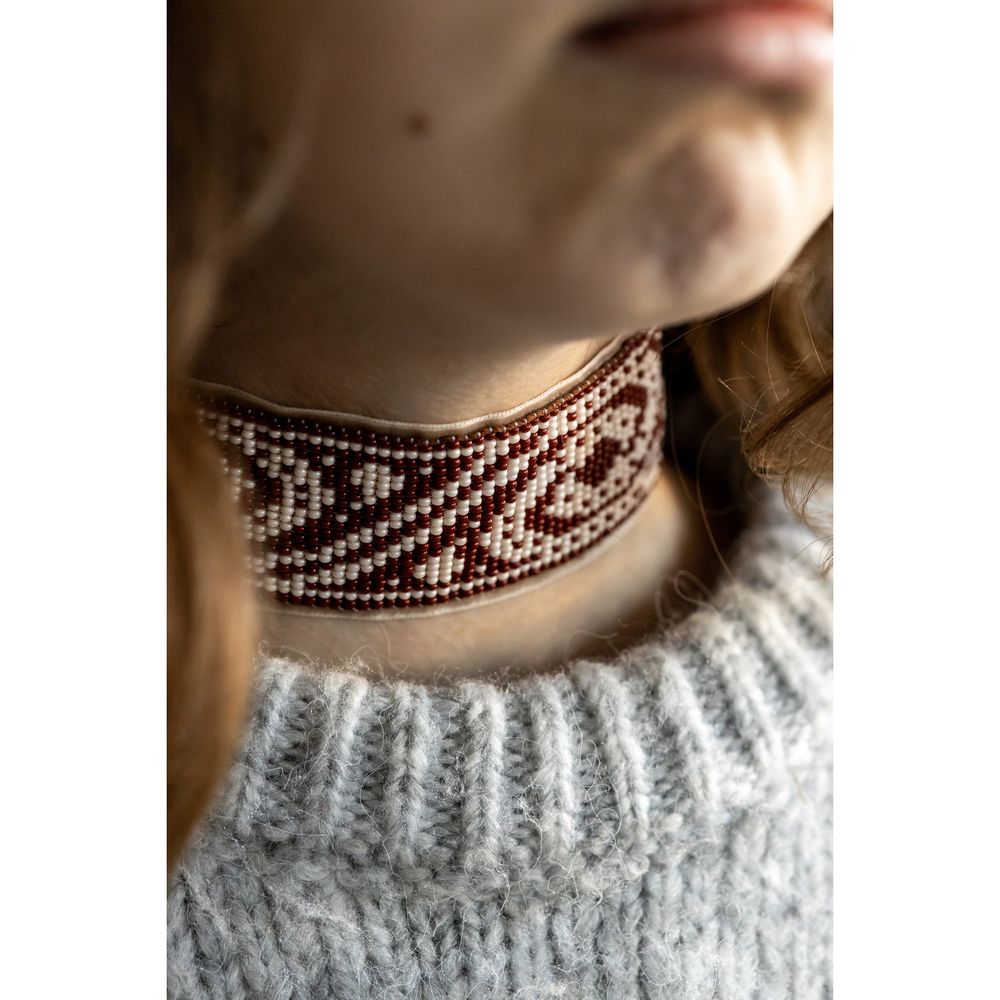 Choker made of beads on a wide ribbon with a red ornament, 1 m 15904-maslova photo