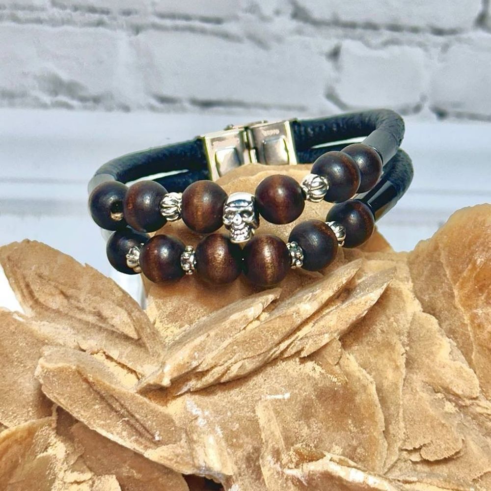 Men's double bracelet skull biker and rock style SL leather 23967-sl-leather photo