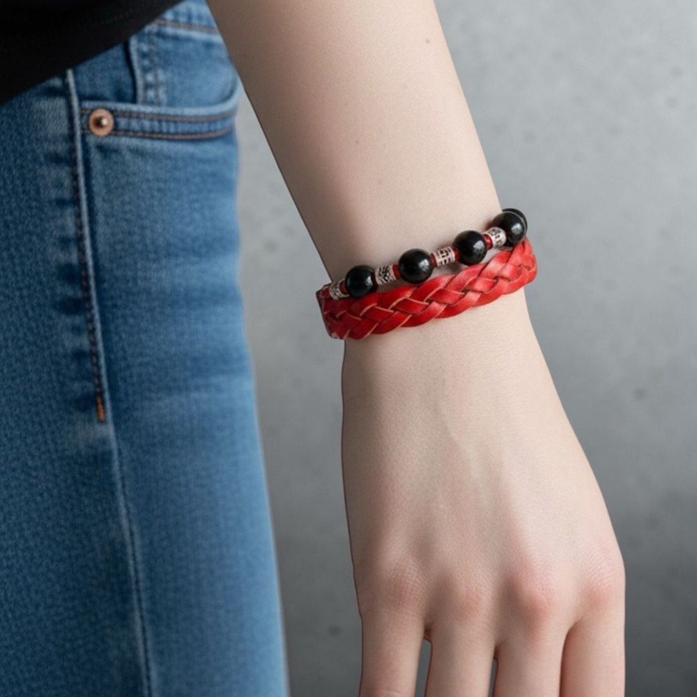 Handmade leather bracelet with black beads SL leather 23968-sl-leather photo