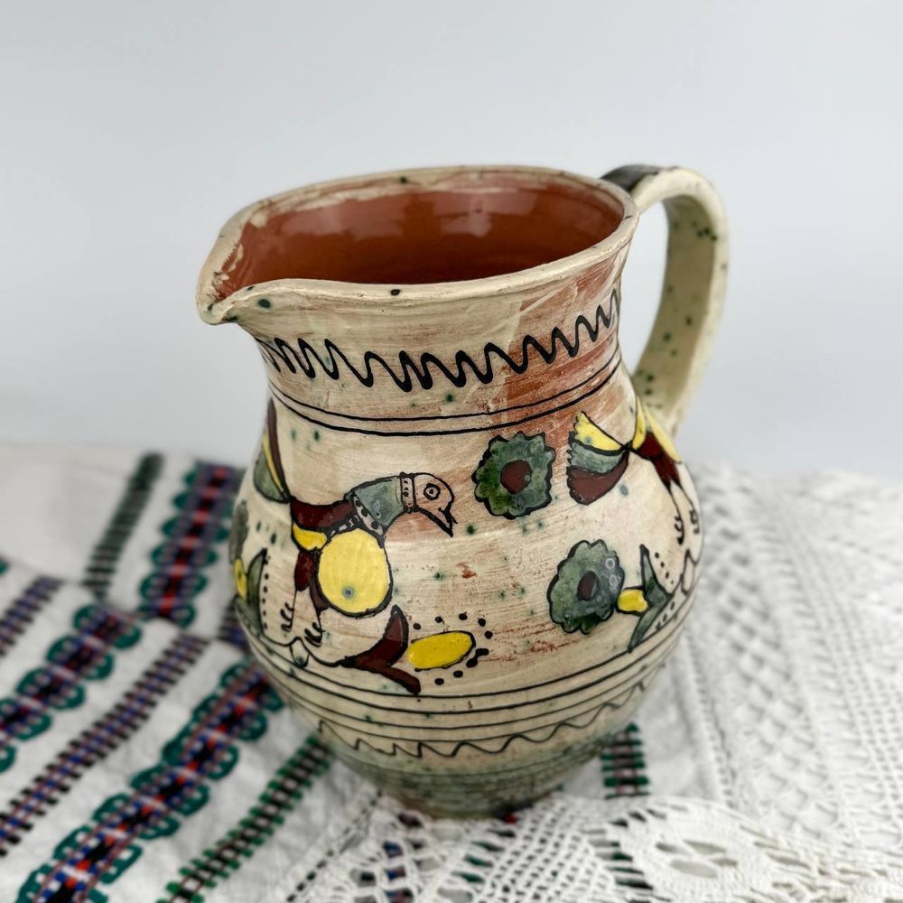 Medium handmade ceramic pitcher Bar style with rooster and flower motif Ceramics of Podillia 24159-keram-pod photo