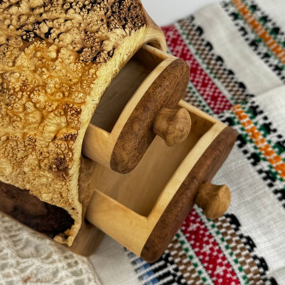 Two-tier wooden jewelry box made of acacia burl Along the Paths of the Trypillian Great Mother 23768-s-tryp-pram photo