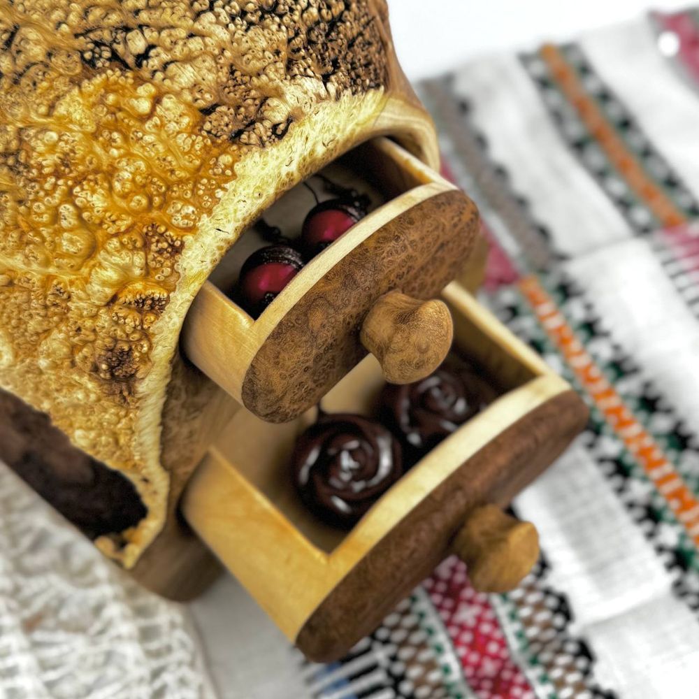 Two-tier wooden jewelry box made of acacia burl Along the Paths of the Trypillian Great Mother 23768-s-tryp-pram photo