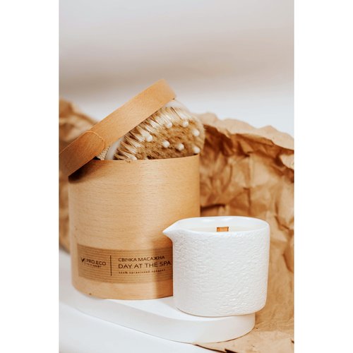 Подарунковий набір дерев'яна масажна щітка з натуральною щетиною + масажна антицелюлітна свічка в гіпсовому кашпо PRO.ECO 17462-proeco фото