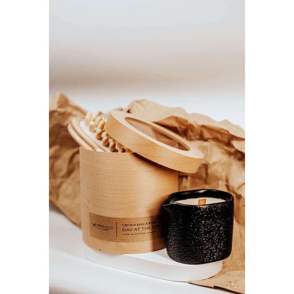 A gift set of a wooden massage brush + an anti-cellulite massage candle in a plaster pot PRO.ECO 17463-proeco photo