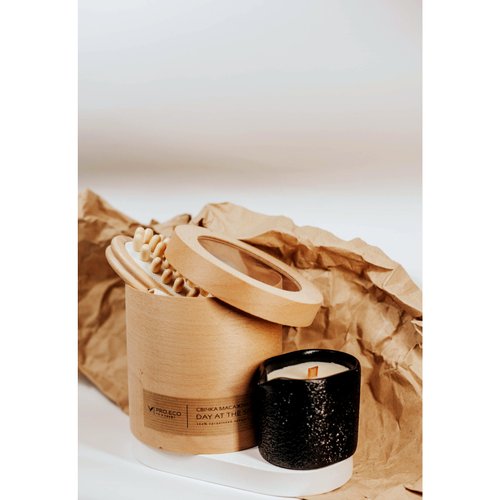 Подарунковий набір дерев'яна масажна щітка + масажна антицелюлітна свічка в гіпсовому кашпо PRO.ECO 17463-proeco фото