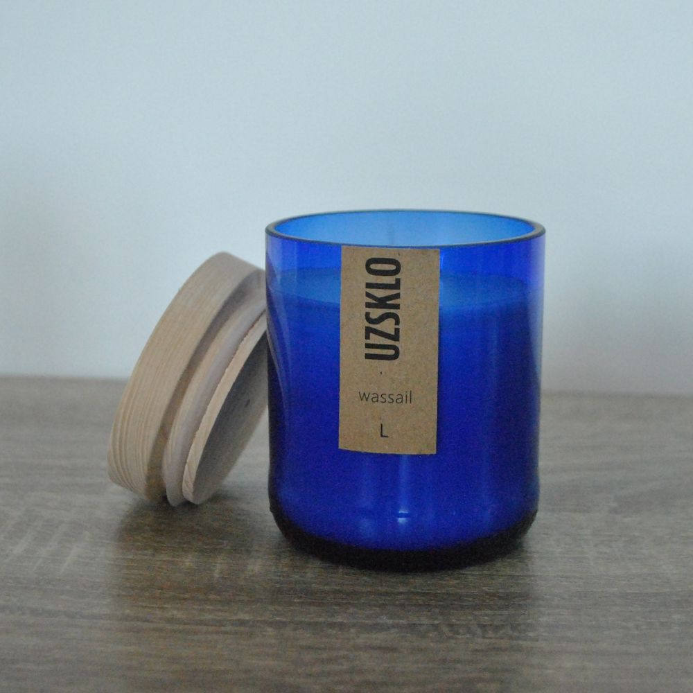 Свічка з використаної та врятованої скляної пляшки, розмір L, синя, не ароматизована 10066-l-blue-none-uzsklo фото