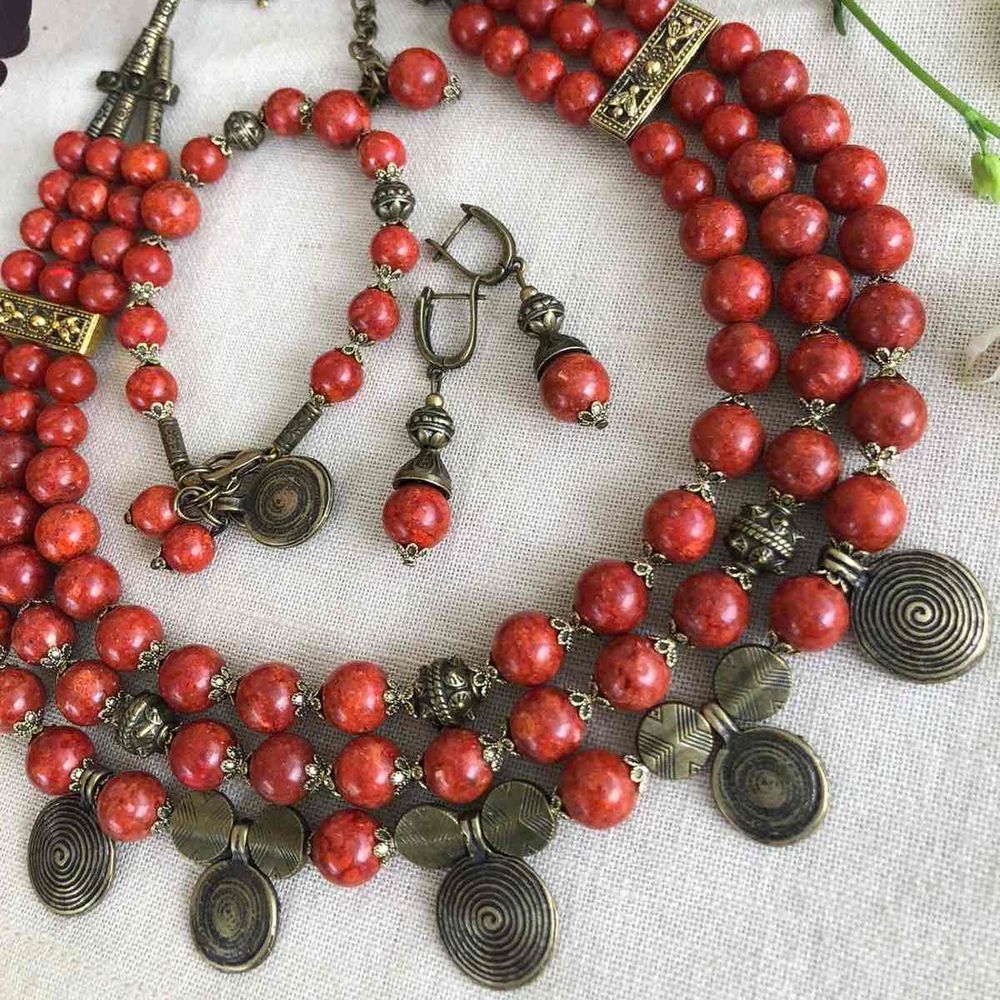 Jewelry set Trypillya Corals Necklace with bracelet and earrings 20960-korali photo