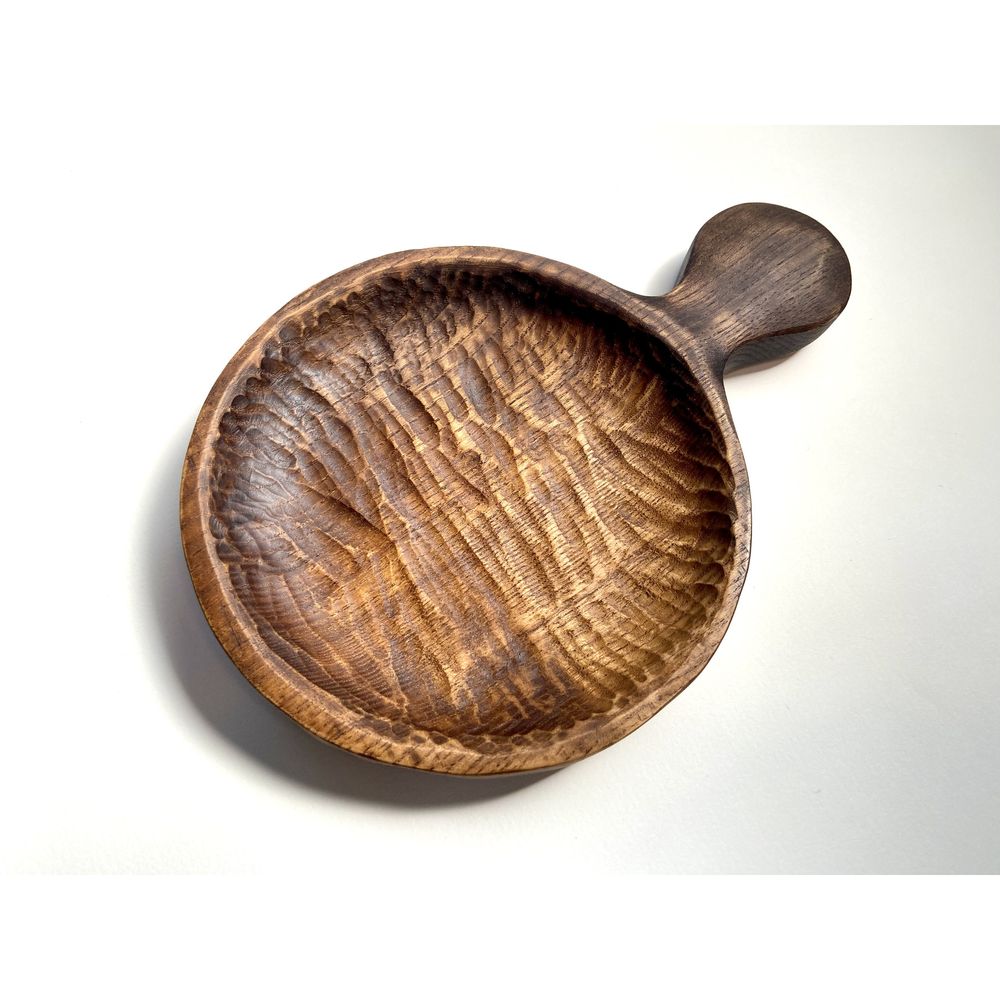 Маленька таріль дерев'яна кругла з ручкою, дуб, ручна робота 12483-yaroslav-duben фото