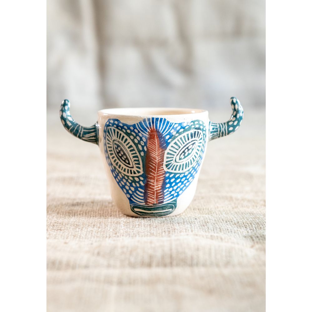 Чашка з ручним розписом і рогами Тур синьо-зелений, 300 мл, Кентавріда + Keramira 13987-keramira фото