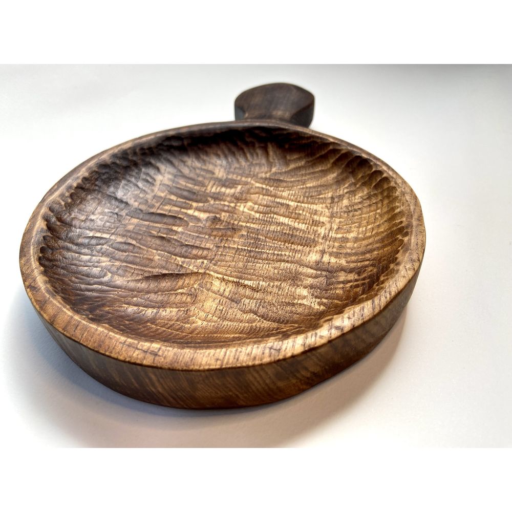 Маленька таріль дерев'яна кругла з ручкою, дуб, ручна робота 12483-yaroslav-duben фото