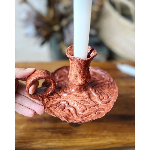 Ceramic candlestick with terracotta handle with glossy ornament 11897-yekeramika photo