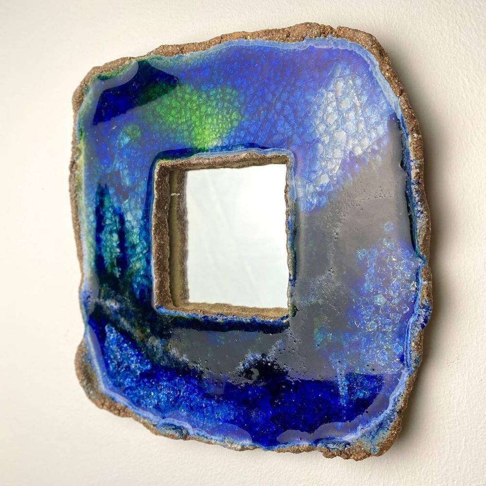 Square hanging ceramic mirror blue-green with a sea pattern side 25 cm 11750-yekeramika photo