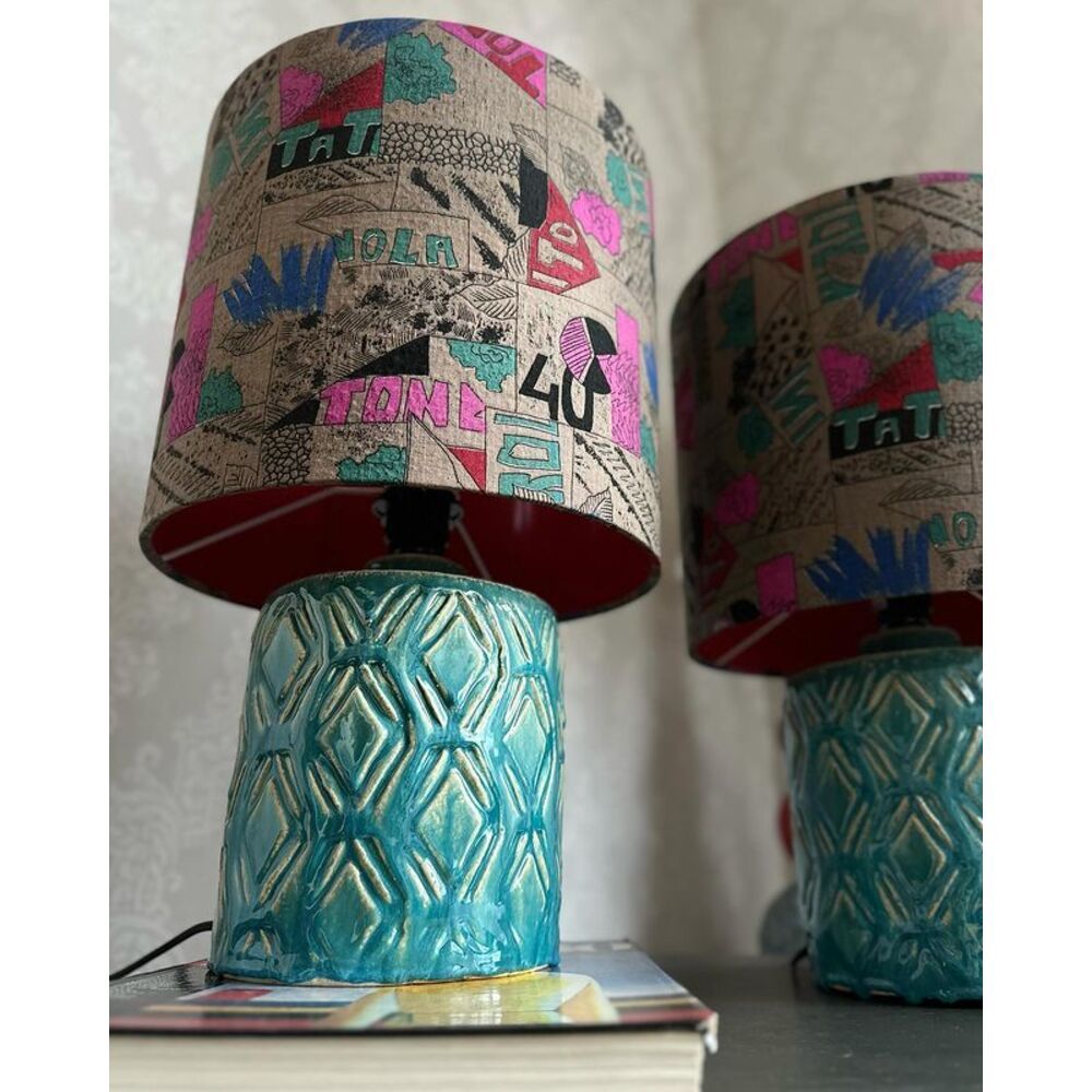 A pair of ceramic table lamps on a turquoise cylindrical base with rhombuses and colored fabric shades, 47 cm high 19105-yekeramika photo