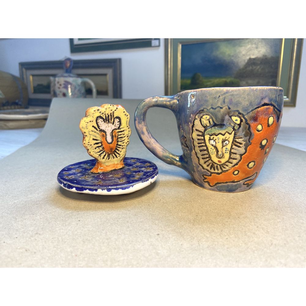 Чашка з кришкою "Лев" в стилі Марії Приймаченко, KAPSI, кераміка, ручна робота 13238-kapsi фото