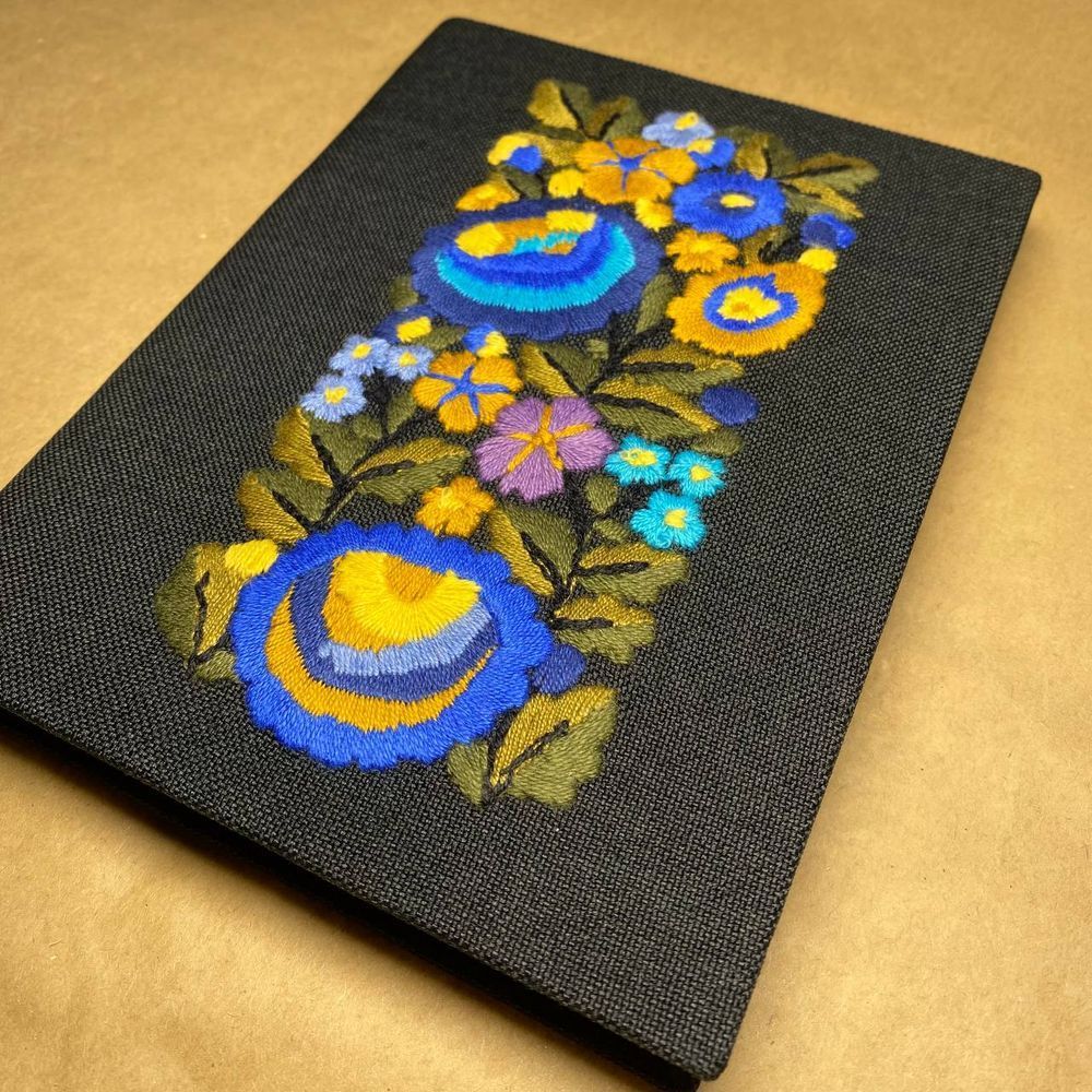Notebook with embroidery black Yellow-blue flowers sheets with dot markings 19.5x15 cm 100 sheets Yaryna Chorna 20301-yach photo