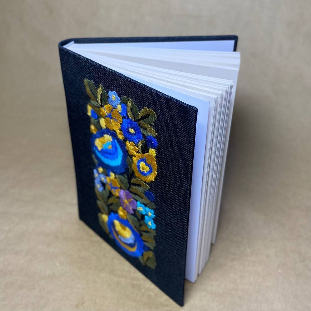 Notebook with embroidery black Yellow-blue flowers sheets with dot markings 19.5x15 cm 100 sheets Yaryna Chorna 20301-yach photo