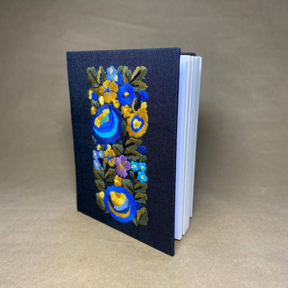 Notebook with embroidery black Yellow-blue flowers sheets with dot markings 19.5x15 cm 100 sheets Yaryna Chorna 20301-yach photo