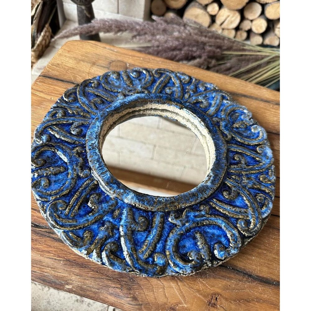 Дзеркало керамічне кругле підвісне, яскраво-синього кольору з орнаментом, діаметр 25 см 19108-yekeramika фото