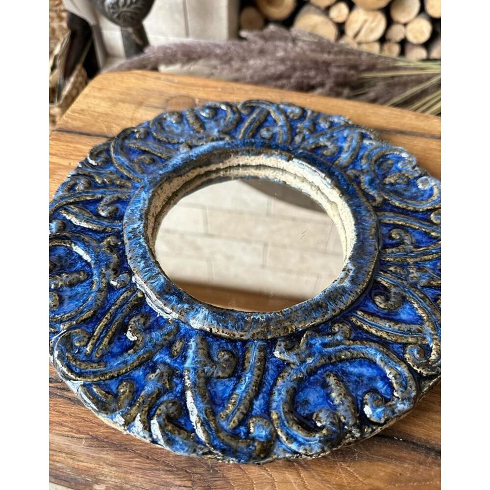 Дзеркало керамічне кругле підвісне, яскраво-синього кольору з орнаментом, діаметр 25 см 19108-yekeramika фото