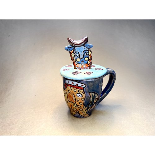 Чашка з кришкою "Віл" в стилі Марії Приймаченко, KAPSI, кераміка, ручна робота 13239-kapsi фото