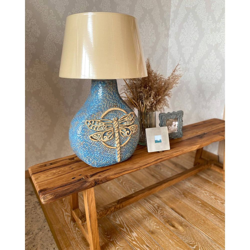Ceramic table lamp with a butterfly on an oval grayish-blue base 11387-yekeramika photo