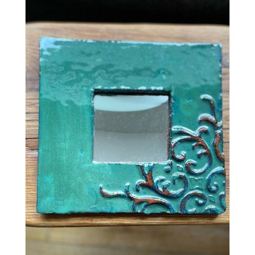 Дзеркало керамічне квадратне підвісне, бірюзово-сірого кольору з рослинними малюнками в куті, Розмір 25х25 см 11889-yekeramika фото