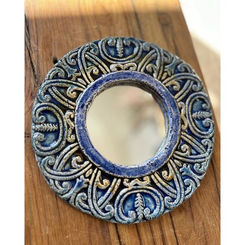 Дзеркало керамічне кругле підвісне, синьо-бежевого кольору з орнаментом, діаметр 25 см 19111-yekeramika фото
