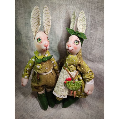 Текстильні інтер'єрні ляльки сім'я кролів містер і місіс Грін іграшки ручної роботи 10184-ukrainochka фото